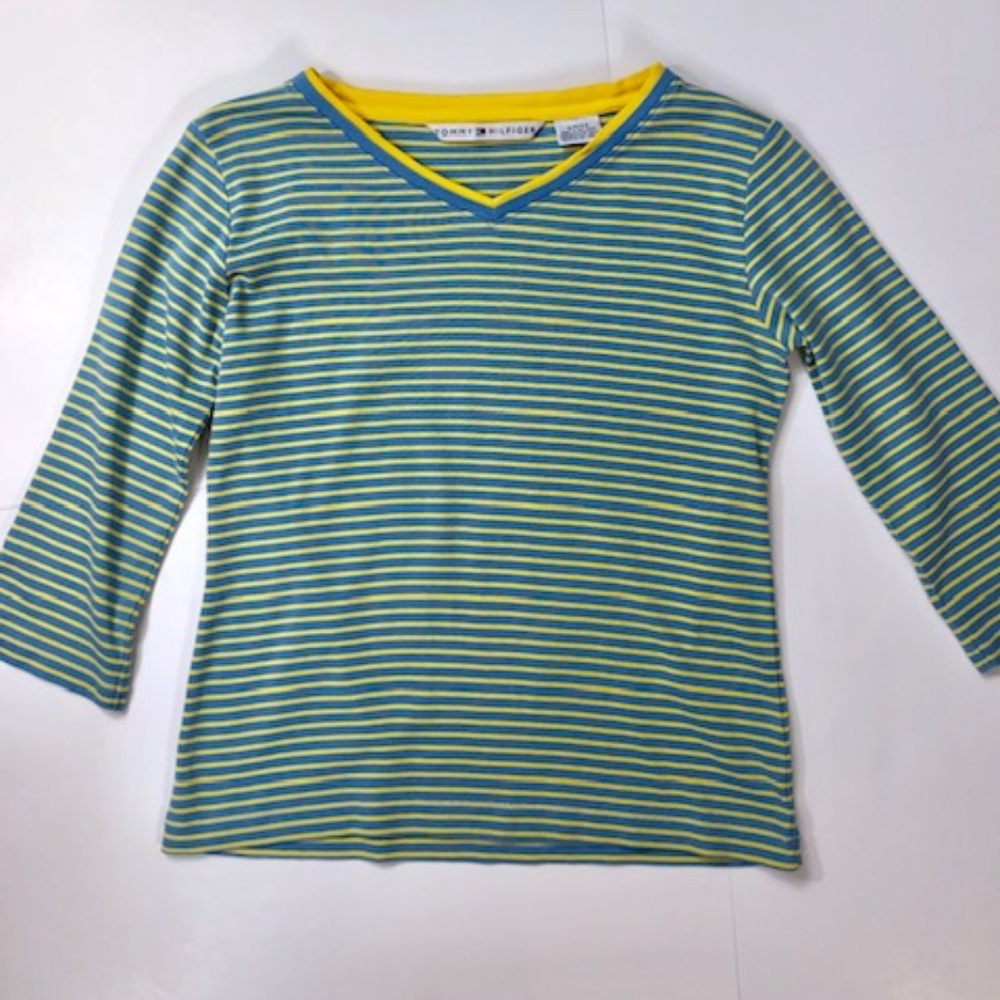 tommy hilfiger knit shirt womens yellow blue small